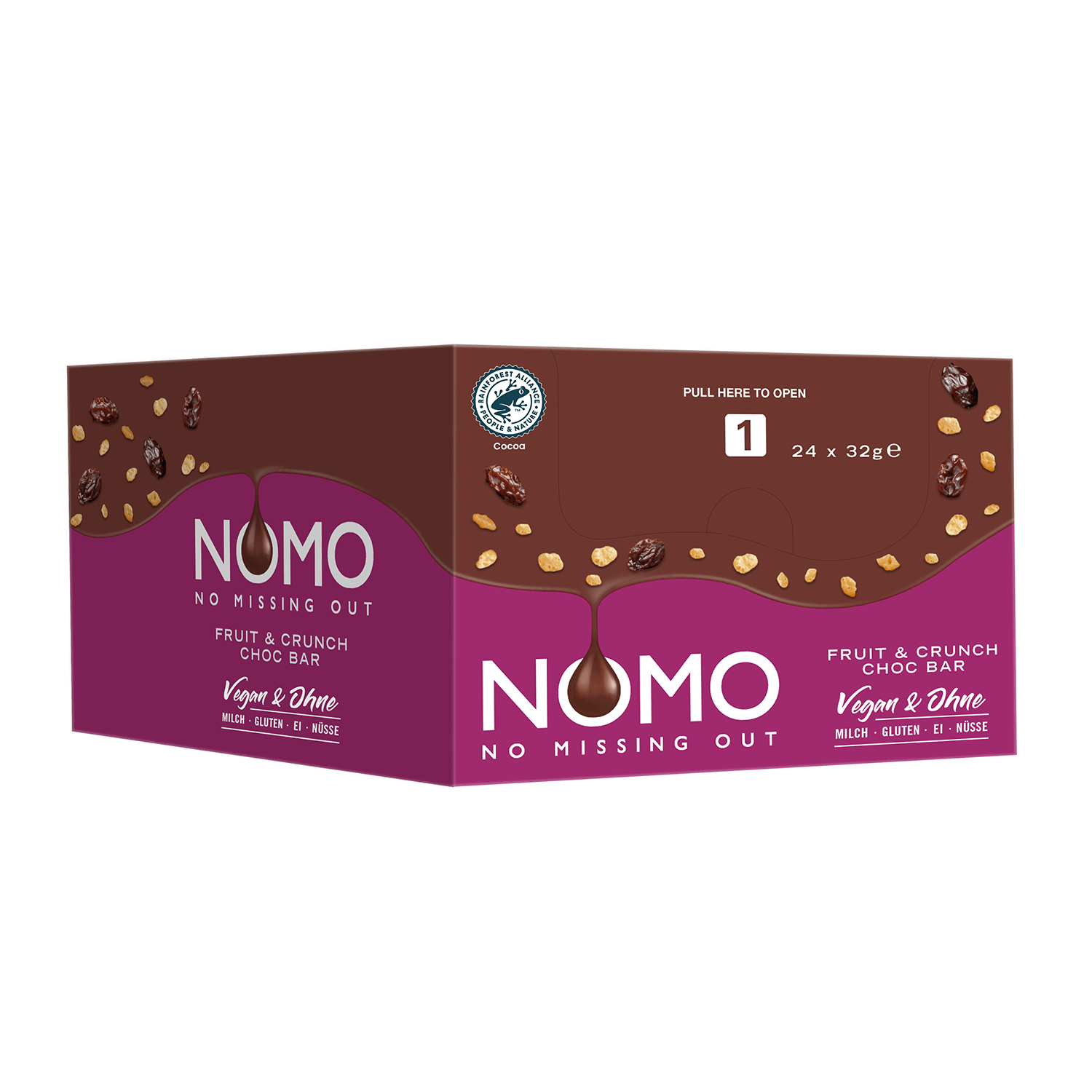 Nomo Fruit Crunch Schokoriegel. NOMO - NO MISSING OUT. Vegane Schokolade. Vegane Schokoriegel. Glutenfrei, Eifrei, Milchfrei, laktosefrei, Nussfrei. Nachhaltige Schokolade
