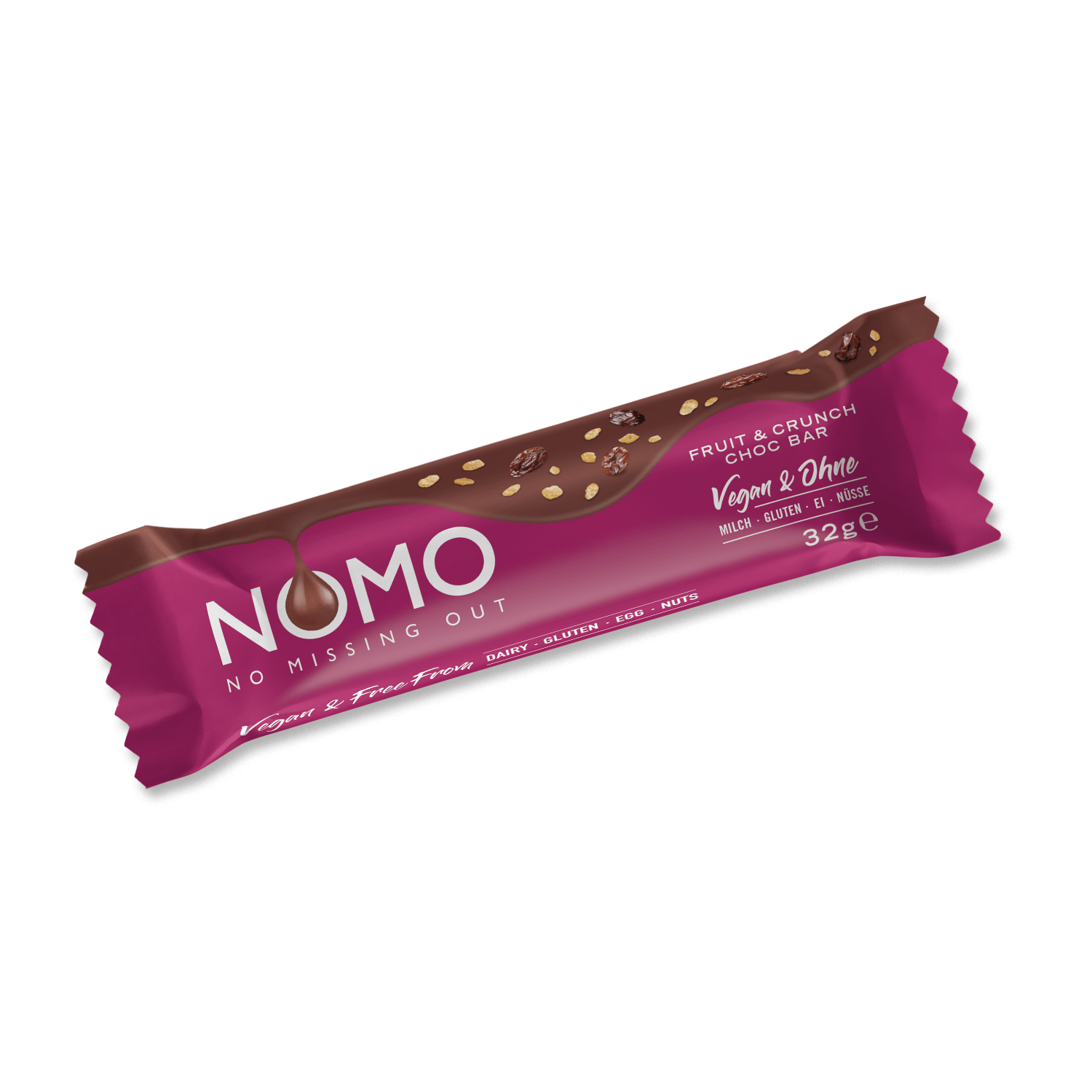 Nomo Fruit Crunch Schokoriegel. NOMO - NO MISSING OUT. Vegane Schokolade. Vegane Schokoriegel. Glutenfrei, Eifrei, Milchfrei, laktosefrei, Nussfrei. Nachhaltige Schokolade